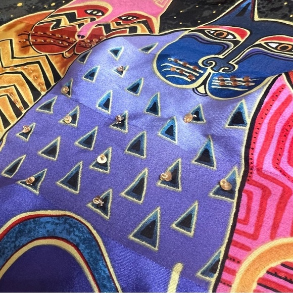 Vintage Laurel Burch Feline Family Portrait Cat Scarf 100% Silk Beaded Sequins - Picture 4 of 8